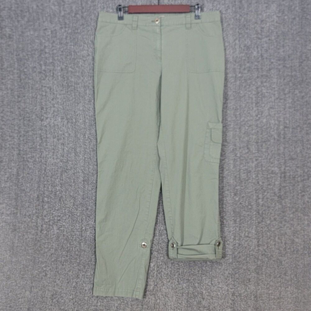 Chicos Pants 2 Womens Large / 12 Green Roll Tab Cargo Utility Cotton Blend 35x30